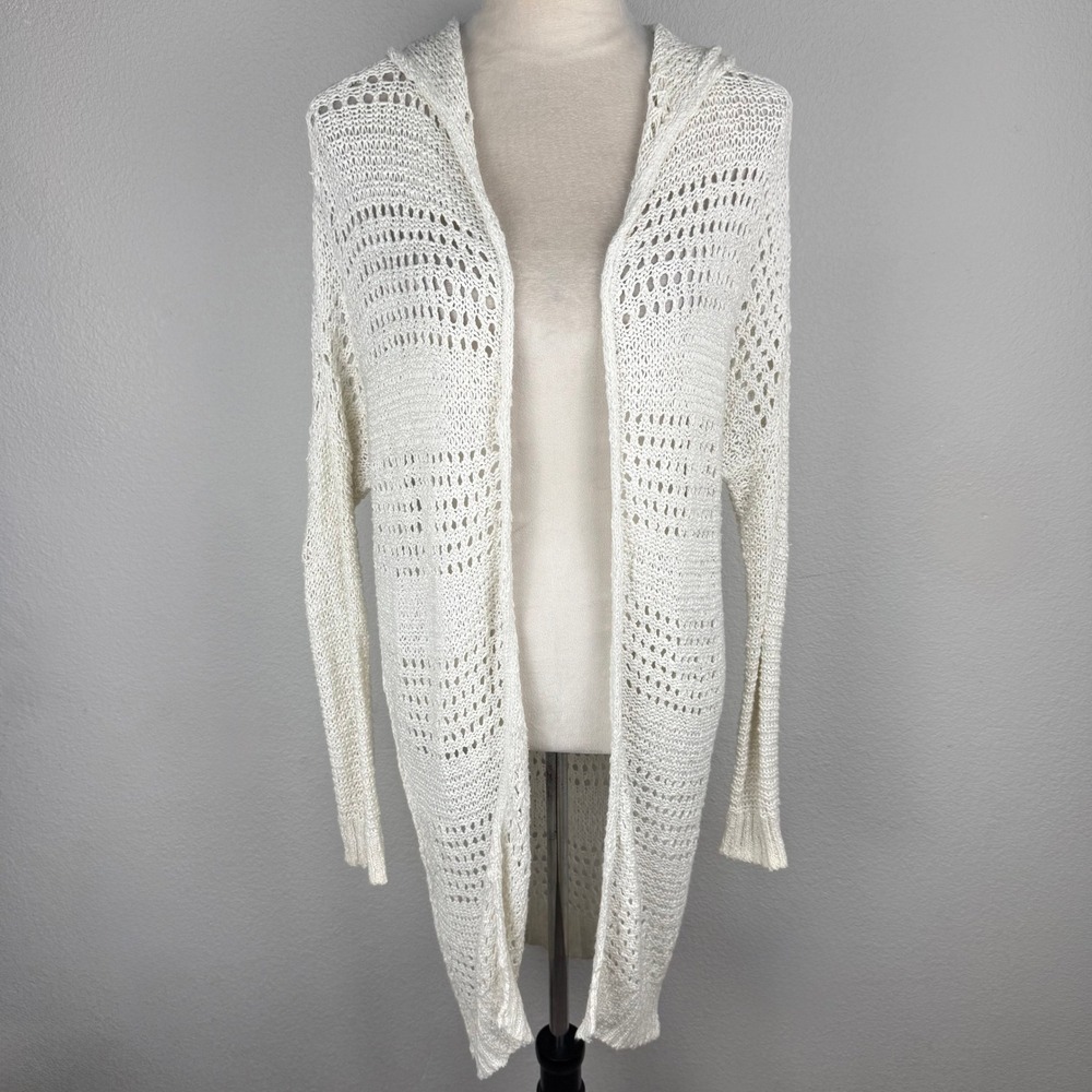 Hollister Womens Off White Pointelle Open Knit Hooded Longline Cardigan Sz XS/S